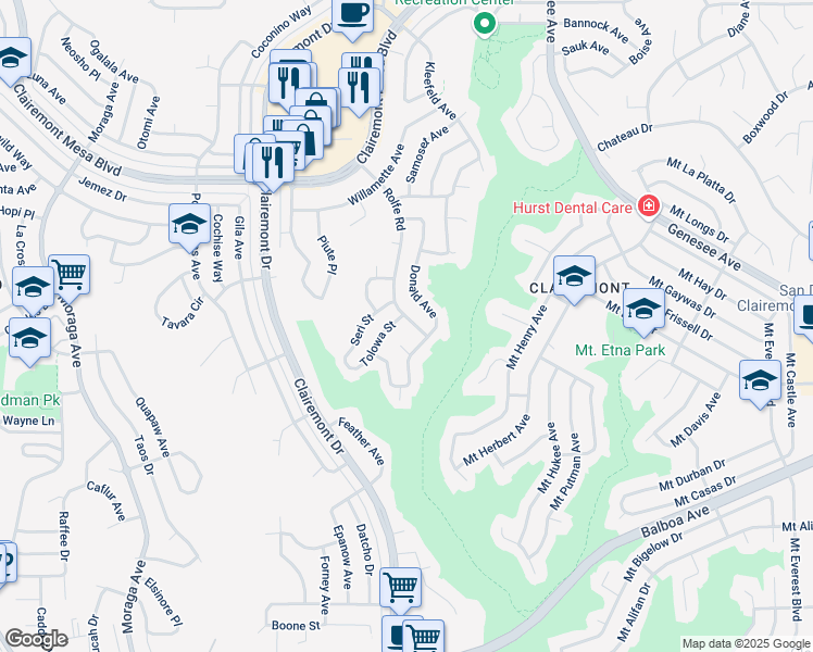 map of restaurants, bars, coffee shops, grocery stores, and more near 4380 Rolfe Road in San Diego