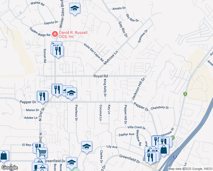 map of restaurants, bars, coffee shops, grocery stores, and more near 8023 Irene Court in El Cajon
