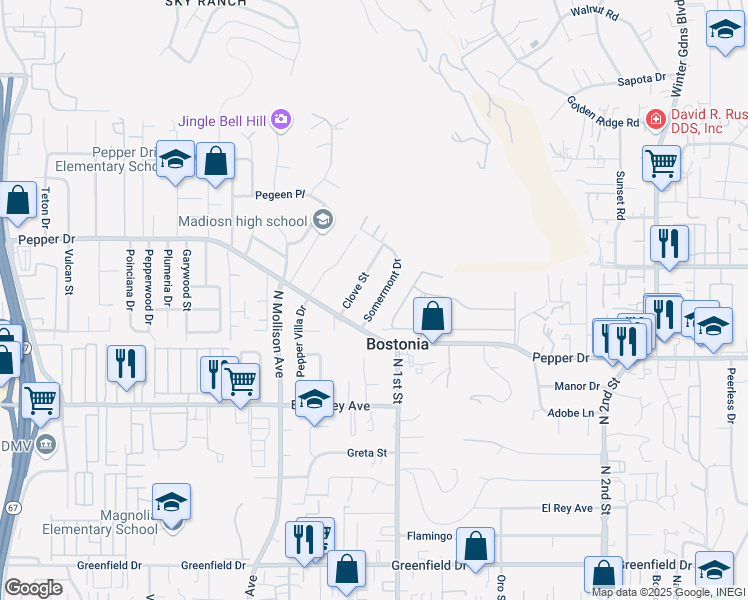 map of restaurants, bars, coffee shops, grocery stores, and more near 1324 Somermont Drive in El Cajon