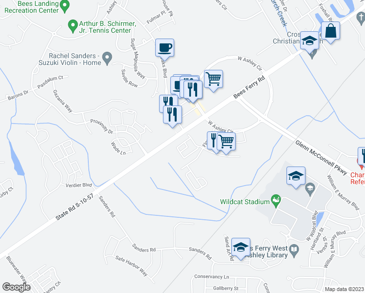 map of restaurants, bars, coffee shops, grocery stores, and more near 1110 Hampton Rivers Road in Charleston