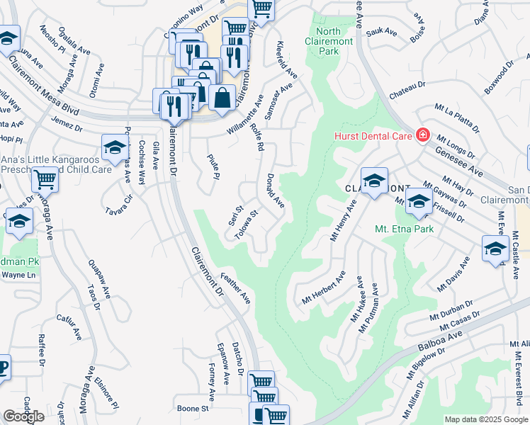 map of restaurants, bars, coffee shops, grocery stores, and more near 4273 Tolowa Street in San Diego