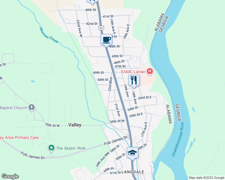 map of restaurants, bars, coffee shops, grocery stores, and more near 2205 52nd Street in Valley