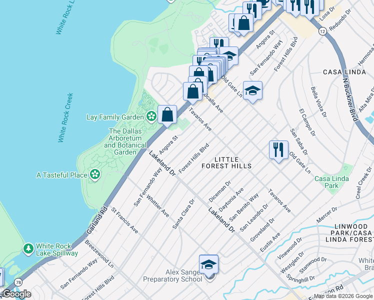 map of restaurants, bars, coffee shops, grocery stores, and more near 8702 San Fernando Way in Dallas