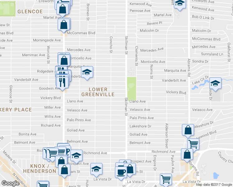 map of restaurants, bars, coffee shops, grocery stores, and more near 6003 Vickery Boulevard in Dallas