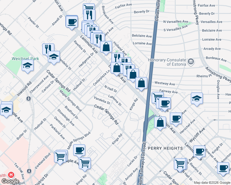 map of restaurants, bars, coffee shops, grocery stores, and more near 5123 North Hall Street in Dallas