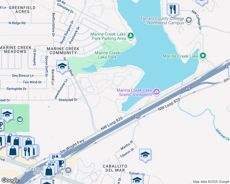 map of restaurants, bars, coffee shops, grocery stores, and more near Shadydell Drive in Fort Worth