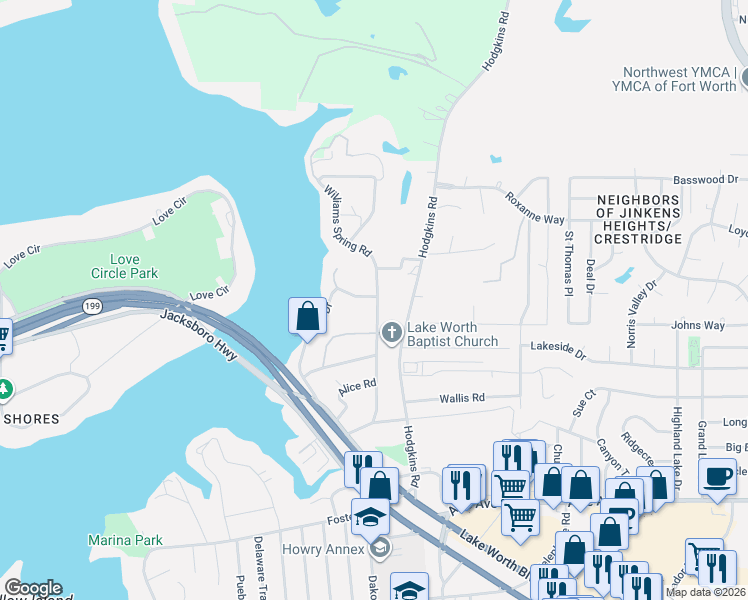 map of restaurants, bars, coffee shops, grocery stores, and more near 4524 Williams Spring Road in Fort Worth