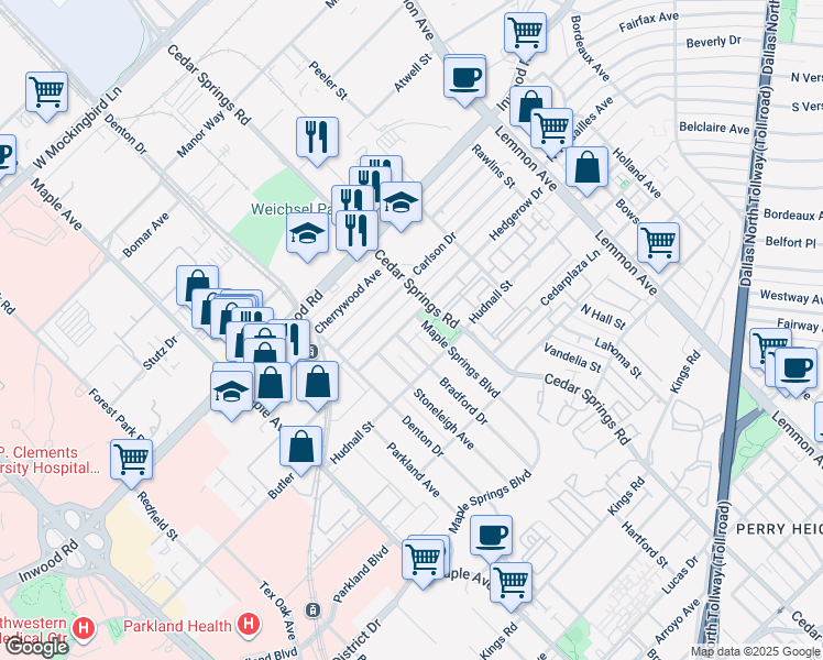 map of restaurants, bars, coffee shops, grocery stores, and more near 2910 Hedgerow Drive in Dallas
