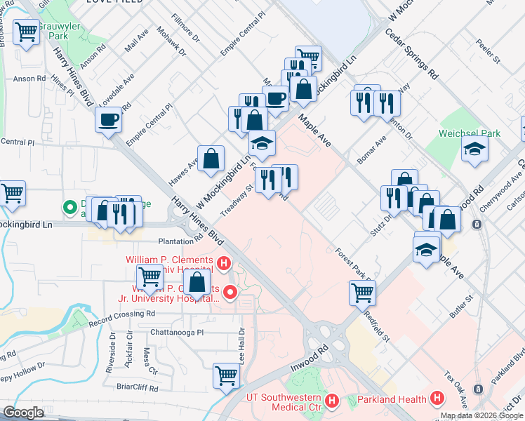 map of restaurants, bars, coffee shops, grocery stores, and more near 6363 Forest Park Road in Dallas