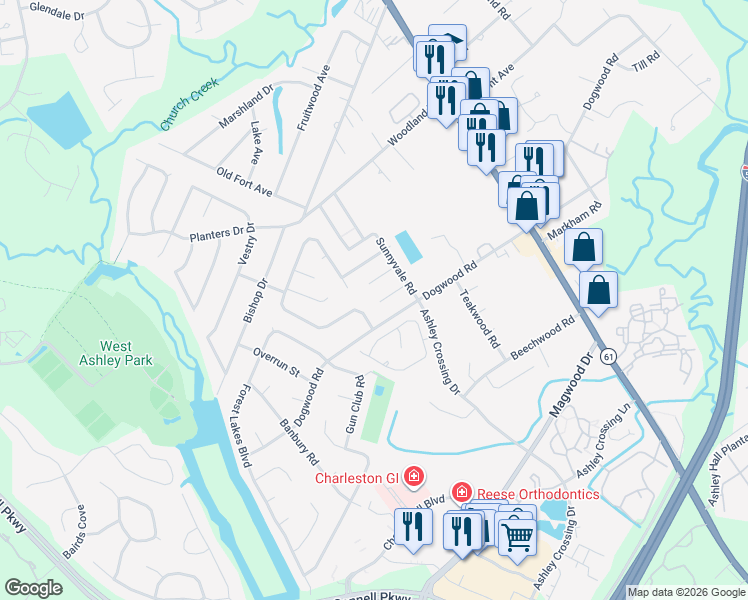 map of restaurants, bars, coffee shops, grocery stores, and more near 1990 Butternut Street in Charleston