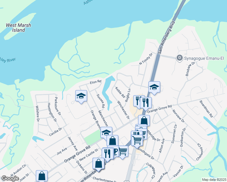 map of restaurants, bars, coffee shops, grocery stores, and more near 1315 Winchester Drive in Charleston