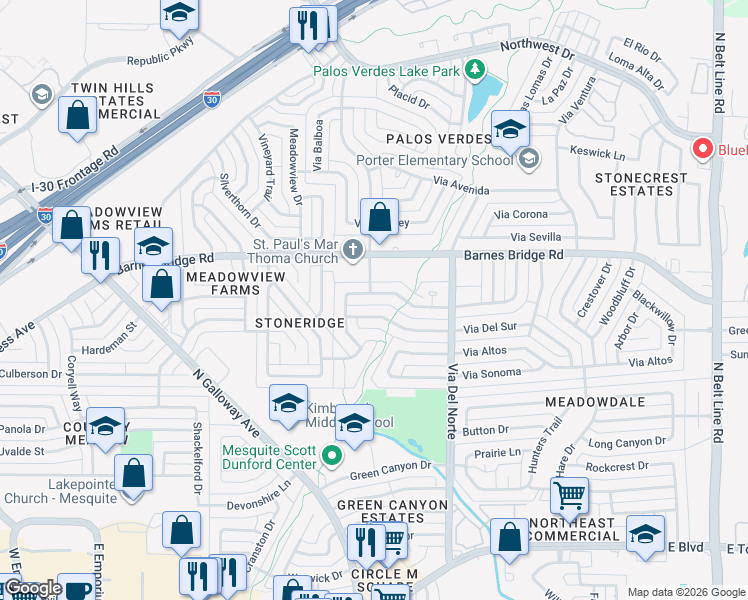 map of restaurants, bars, coffee shops, grocery stores, and more near 916 Via Barcelona in Mesquite