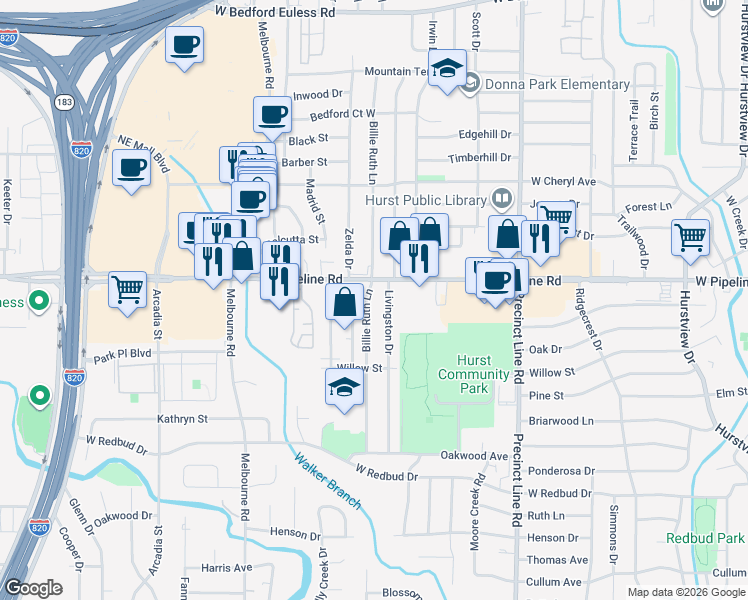 map of restaurants, bars, coffee shops, grocery stores, and more near 718 Billie Ruth Lane in Hurst