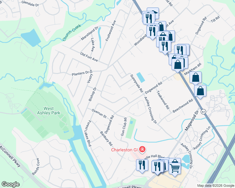map of restaurants, bars, coffee shops, grocery stores, and more near 2003 Woodcliff Street in Charleston