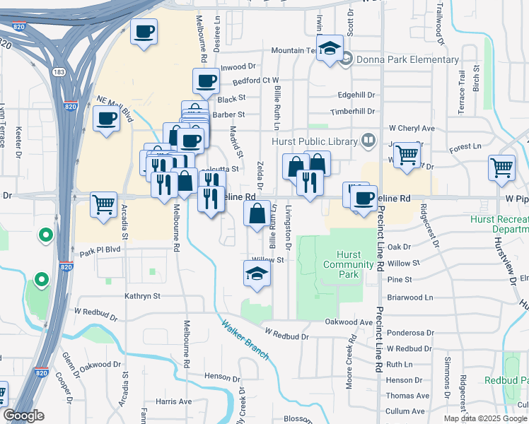 map of restaurants, bars, coffee shops, grocery stores, and more near 951 West Pipeline Road in Hurst