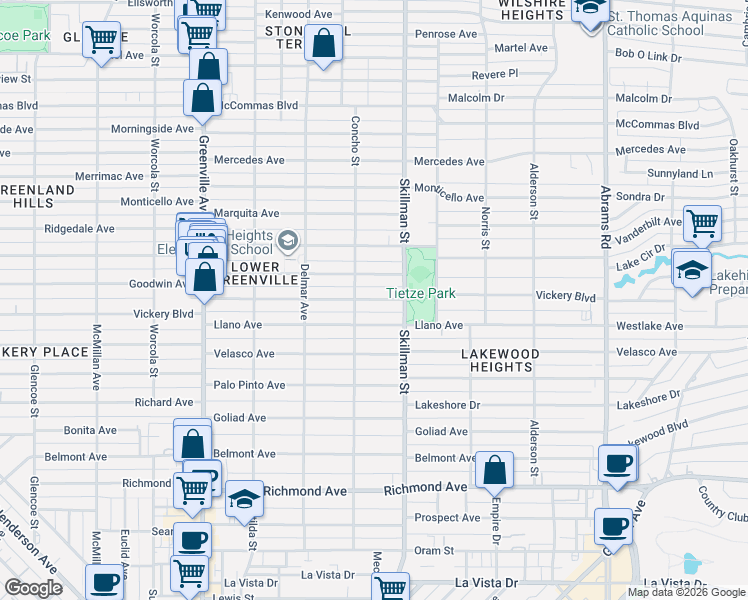 map of restaurants, bars, coffee shops, grocery stores, and more near 6003 Vickery Boulevard in Dallas