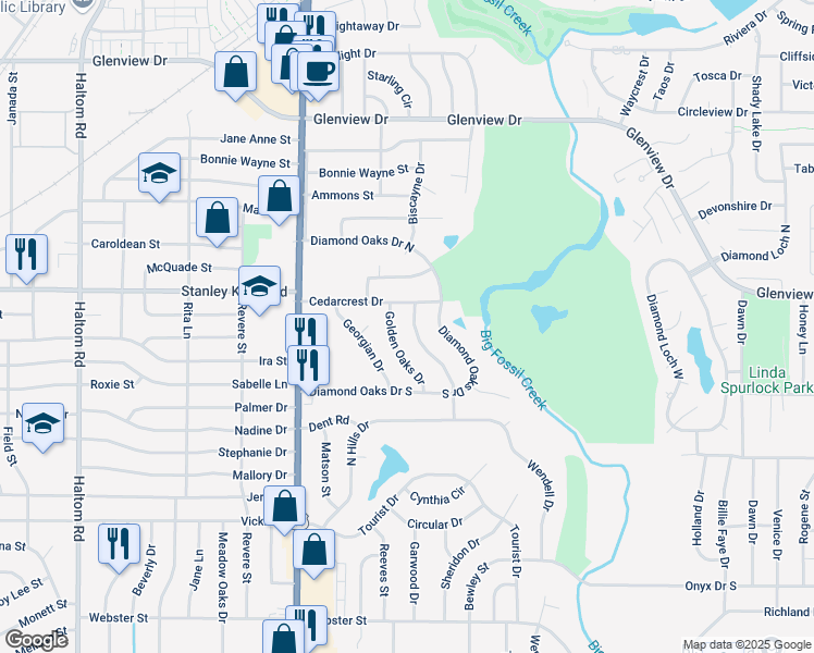 map of restaurants, bars, coffee shops, grocery stores, and more near 4009 Emerald Oaks Drive in Fort Worth