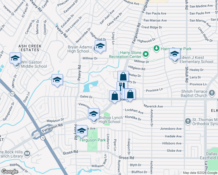 map of restaurants, bars, coffee shops, grocery stores, and more near 2124 Province Lane in Dallas