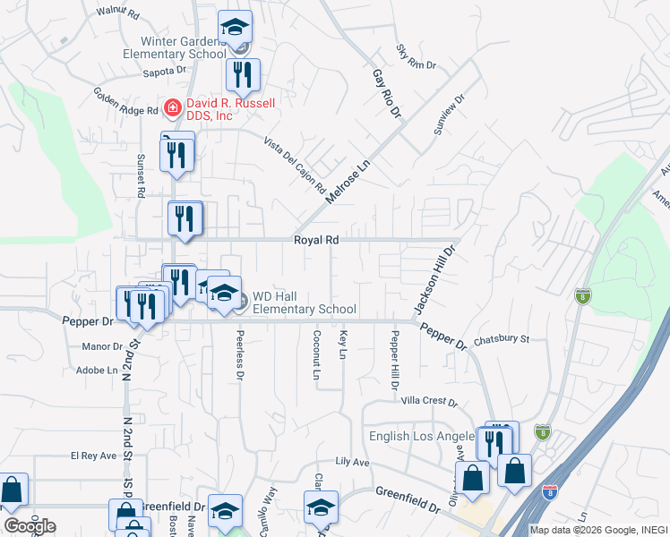 map of restaurants, bars, coffee shops, grocery stores, and more near 8023 Irene Court in El Cajon