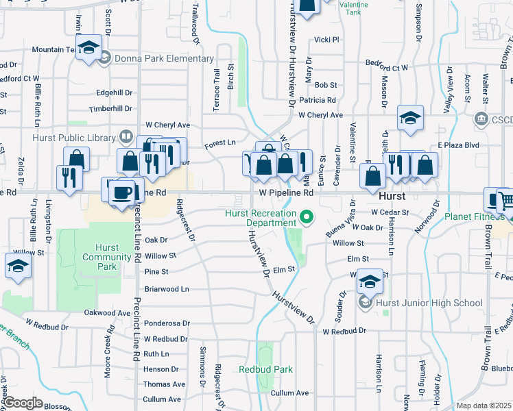 map of restaurants, bars, coffee shops, grocery stores, and more near 744 Hurstview Drive in Hurst