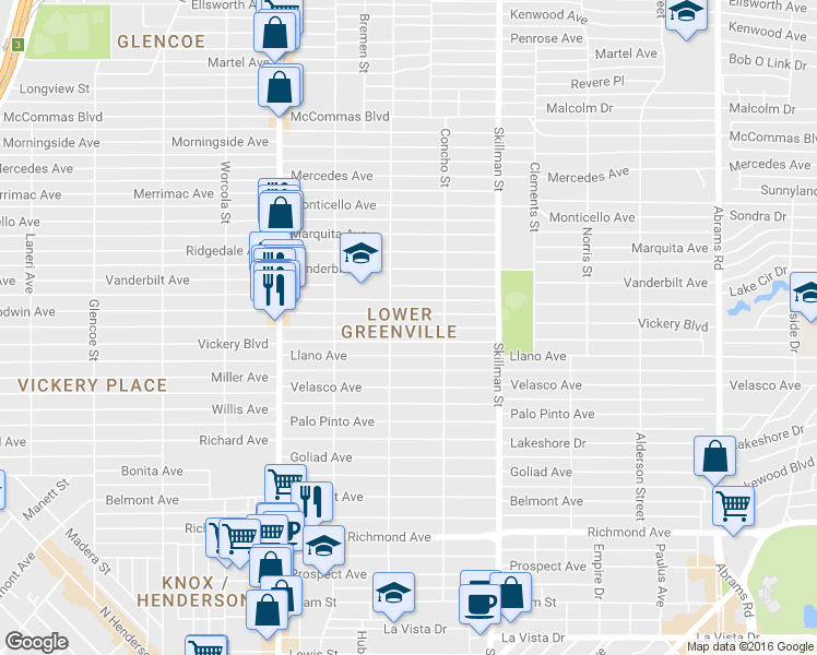 map of restaurants, bars, coffee shops, grocery stores, and more near 5915 Vickery Blvd in Dallas