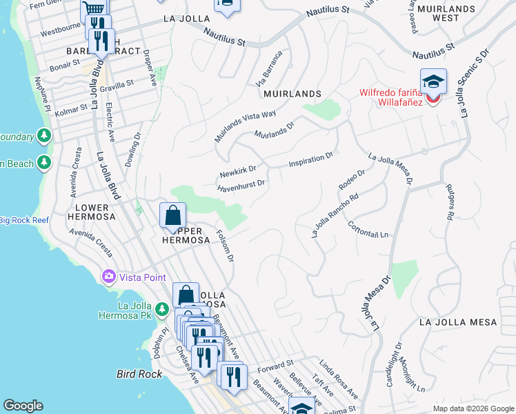 map of restaurants, bars, coffee shops, grocery stores, and more near 6115 Terryhill Drive in San Diego