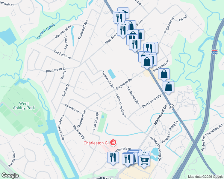 map of restaurants, bars, coffee shops, grocery stores, and more near 1909 Sunnyvale Avenue in Charleston