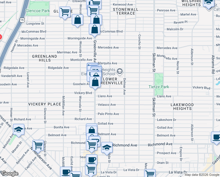 map of restaurants, bars, coffee shops, grocery stores, and more near Matilda Street & Vickery Boulevard in Dallas