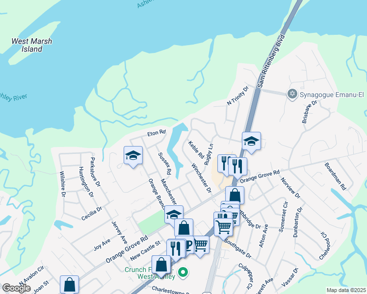 map of restaurants, bars, coffee shops, grocery stores, and more near 1315 Winchester Drive in Charleston