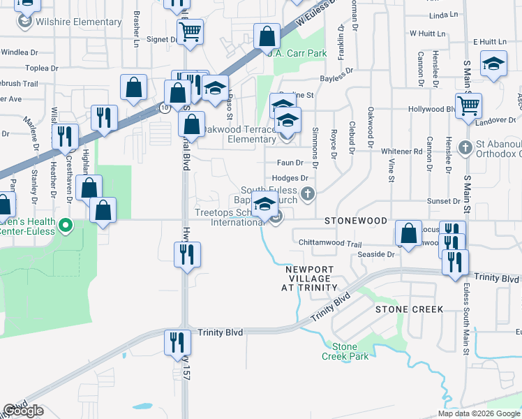map of restaurants, bars, coffee shops, grocery stores, and more near 12501 South Pipeline Road West in Euless