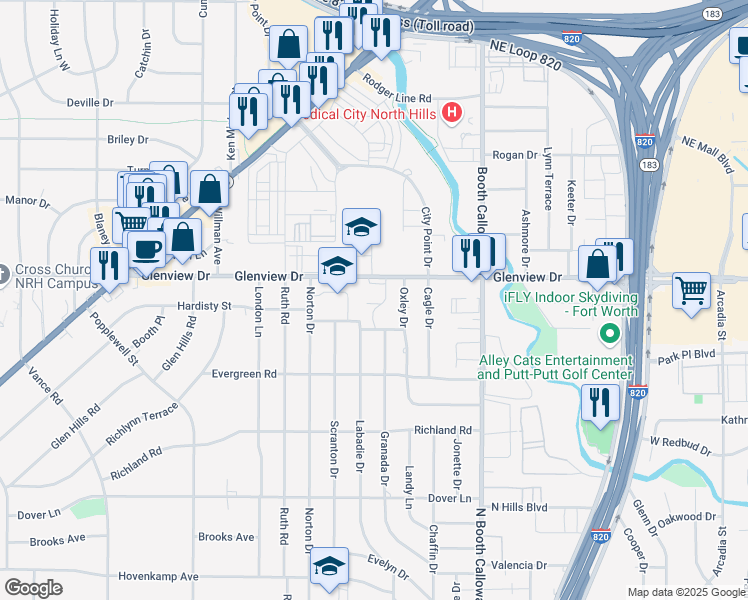 map of restaurants, bars, coffee shops, grocery stores, and more near 7520 Glenview Drive in Richland Hills