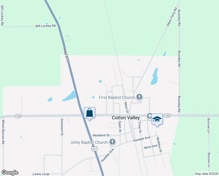 map of restaurants, bars, coffee shops, grocery stores, and more near 340 Lindsey Avenue in Cotton Valley