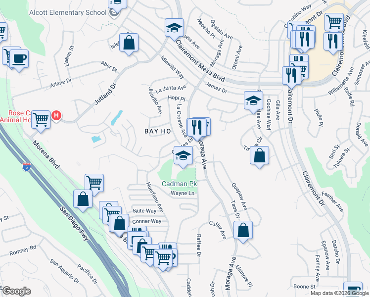 map of restaurants, bars, coffee shops, grocery stores, and more near 4395 Kamloop Avenue in San Diego