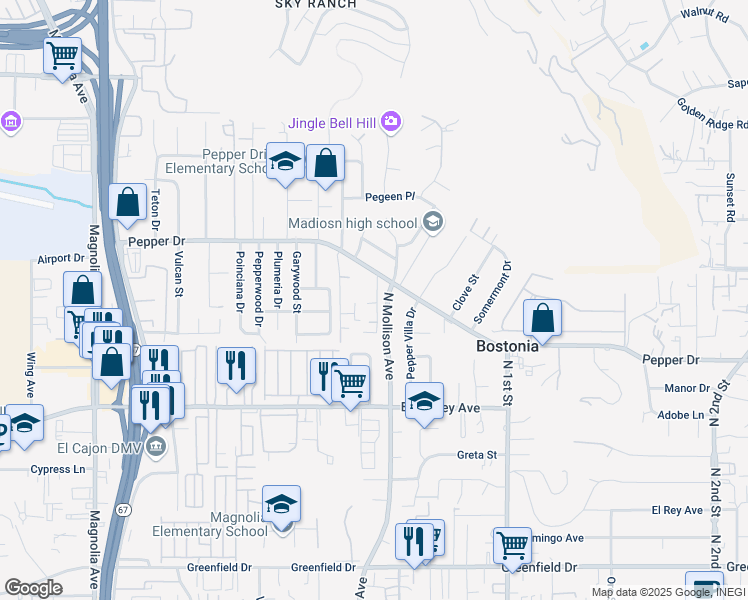map of restaurants, bars, coffee shops, grocery stores, and more near 1266 Walnut Tree Lane in El Cajon