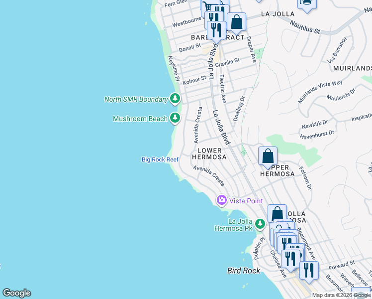 map of restaurants, bars, coffee shops, grocery stores, and more near 6277 Camino De La Costa in San Diego