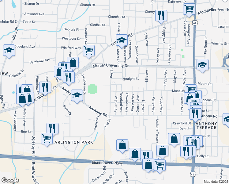 map of restaurants, bars, coffee shops, grocery stores, and more near 704 Moseley Avenue in Macon