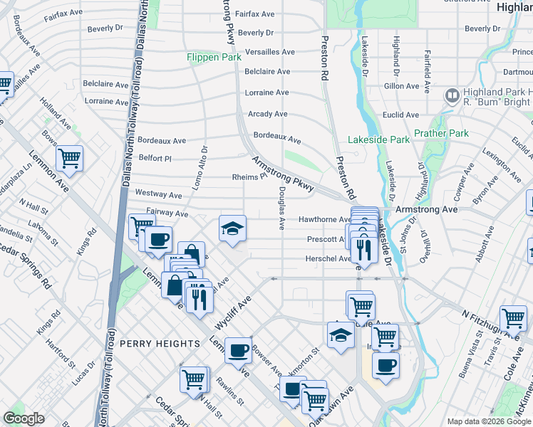 map of restaurants, bars, coffee shops, grocery stores, and more near 4019 Hawthorne Avenue in Dallas