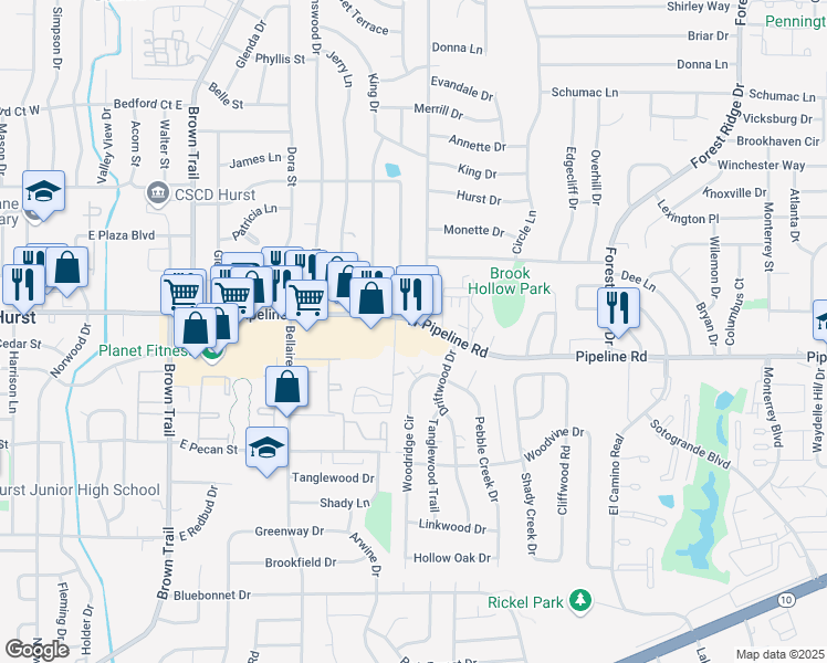 map of restaurants, bars, coffee shops, grocery stores, and more near 4311 West Pipeline Road in Euless