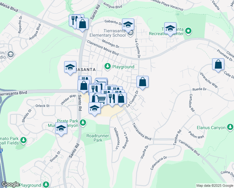map of restaurants, bars, coffee shops, grocery stores, and more near 10771 Escobar Drive in San Diego