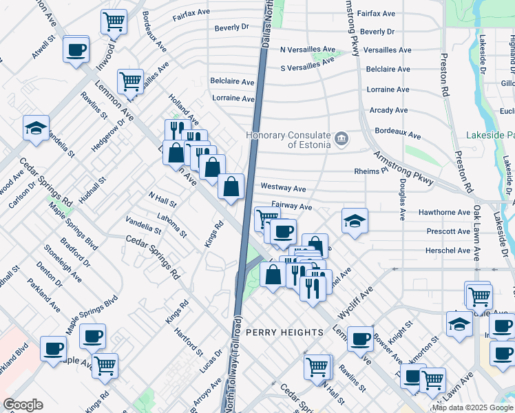 map of restaurants, bars, coffee shops, grocery stores, and more near 4551 Fairway Avenue in Dallas