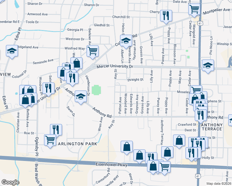 map of restaurants, bars, coffee shops, grocery stores, and more near 704 Moseley Avenue in Macon