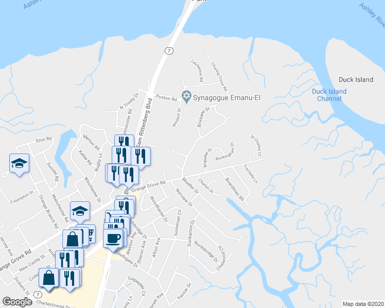 map of restaurants, bars, coffee shops, grocery stores, and more near 12 Brisbane Drive in Charleston