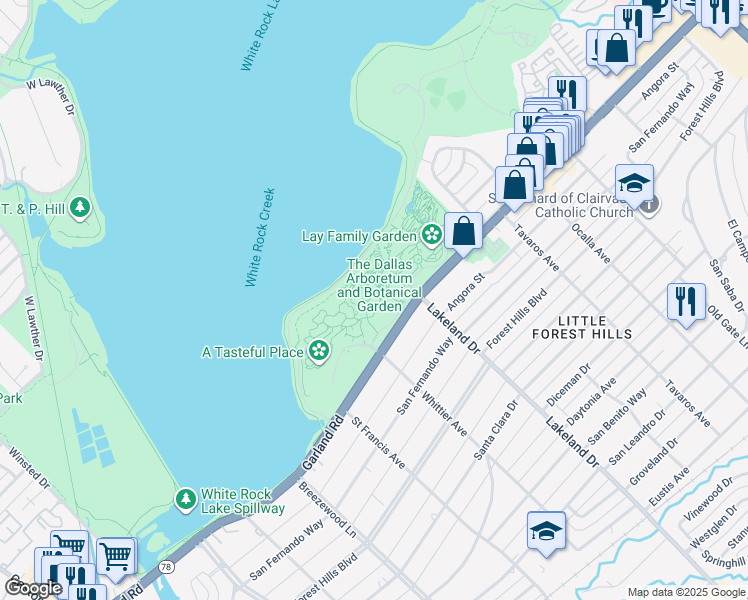 map of restaurants, bars, coffee shops, grocery stores, and more near 8525 Garland Road in Dallas