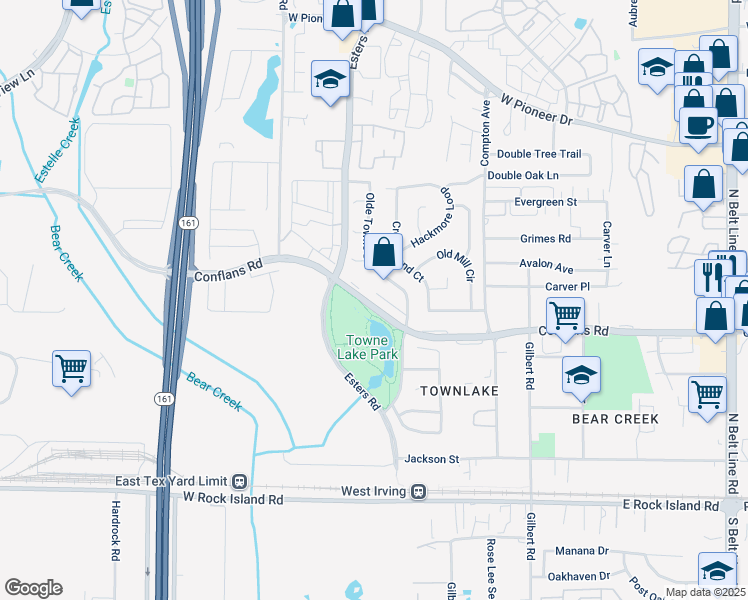 map of restaurants, bars, coffee shops, grocery stores, and more near 922 Colony Ridge Court in Irving
