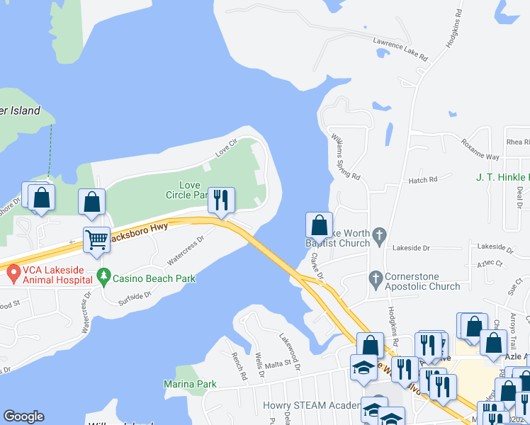 map of restaurants, bars, coffee shops, grocery stores, and more near 7324 Love Circle in Fort Worth