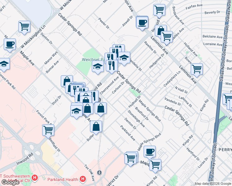 map of restaurants, bars, coffee shops, grocery stores, and more near 2838 Carlson Drive in Dallas