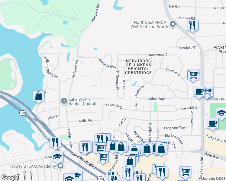 map of restaurants, bars, coffee shops, grocery stores, and more near 4720 Homelands Way in Fort Worth