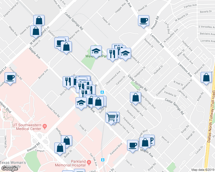 map of restaurants, bars, coffee shops, grocery stores, and more near 2810 Cherrywood Ave in Dallas