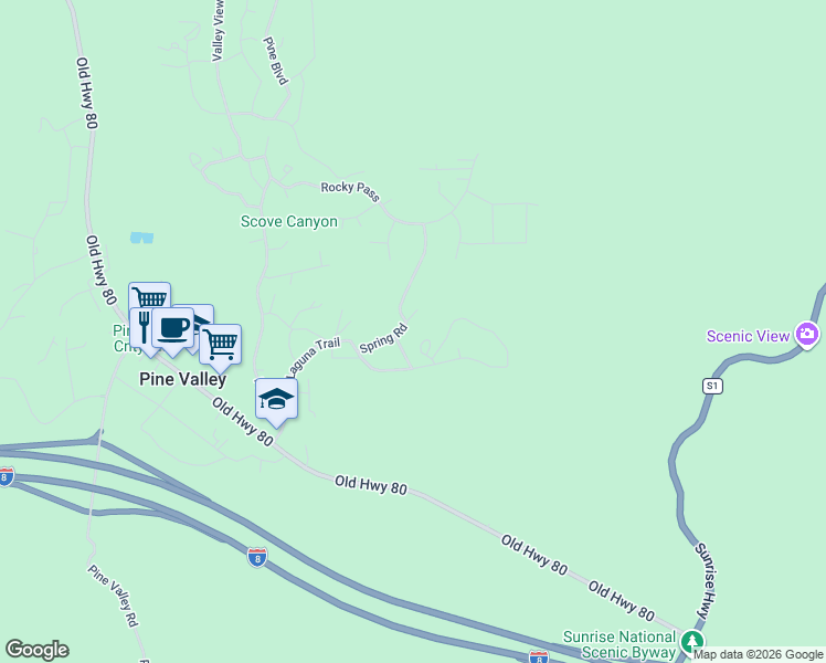 map of restaurants, bars, coffee shops, grocery stores, and more near 29067 Spring Road in Pine Valley
