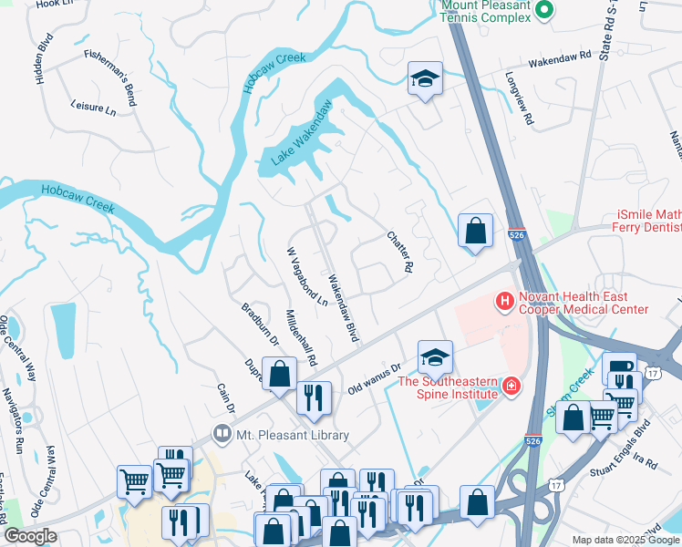 map of restaurants, bars, coffee shops, grocery stores, and more near 756 Wakendaw Boulevard in Mount Pleasant